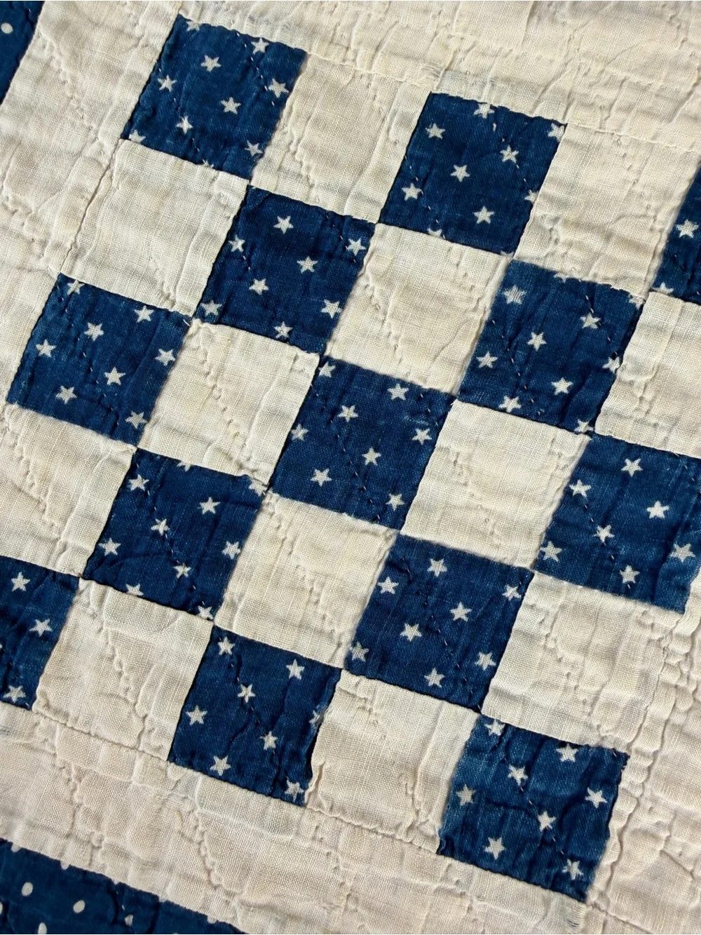 VTG Irish Chain Quilt Blue White Stars Soft Gauzy Cotton 1940s Cutter 70x75